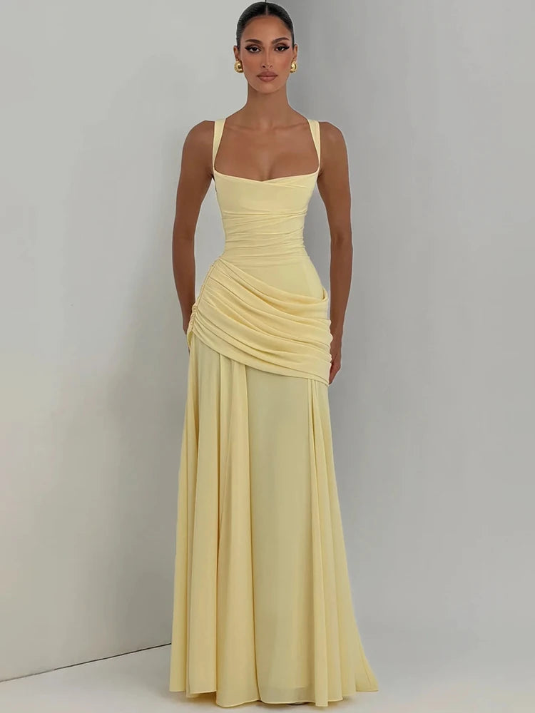 Mozision Square Collar Backless Sexy Maxi Dress Women Elegant Chiffon Sleeveless Bodycon Club Party Pleated Long Dresses