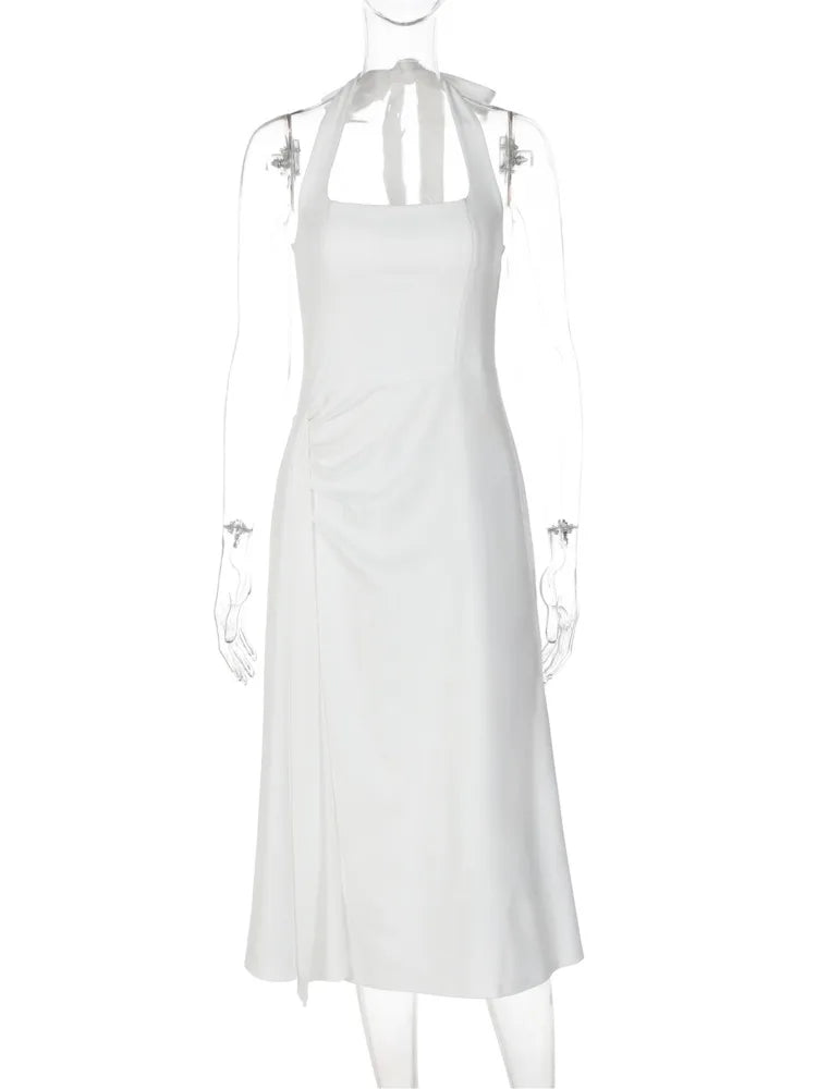 Mozision Women White Halter Neck Midi Dress Elegant Ruched Waist Sleeveless Bodycon Party Wedding Guest Formal Evening Dresses