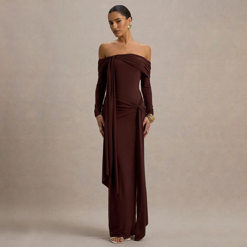 שמלת מקסי סטרפלס שרוולים ארוכים