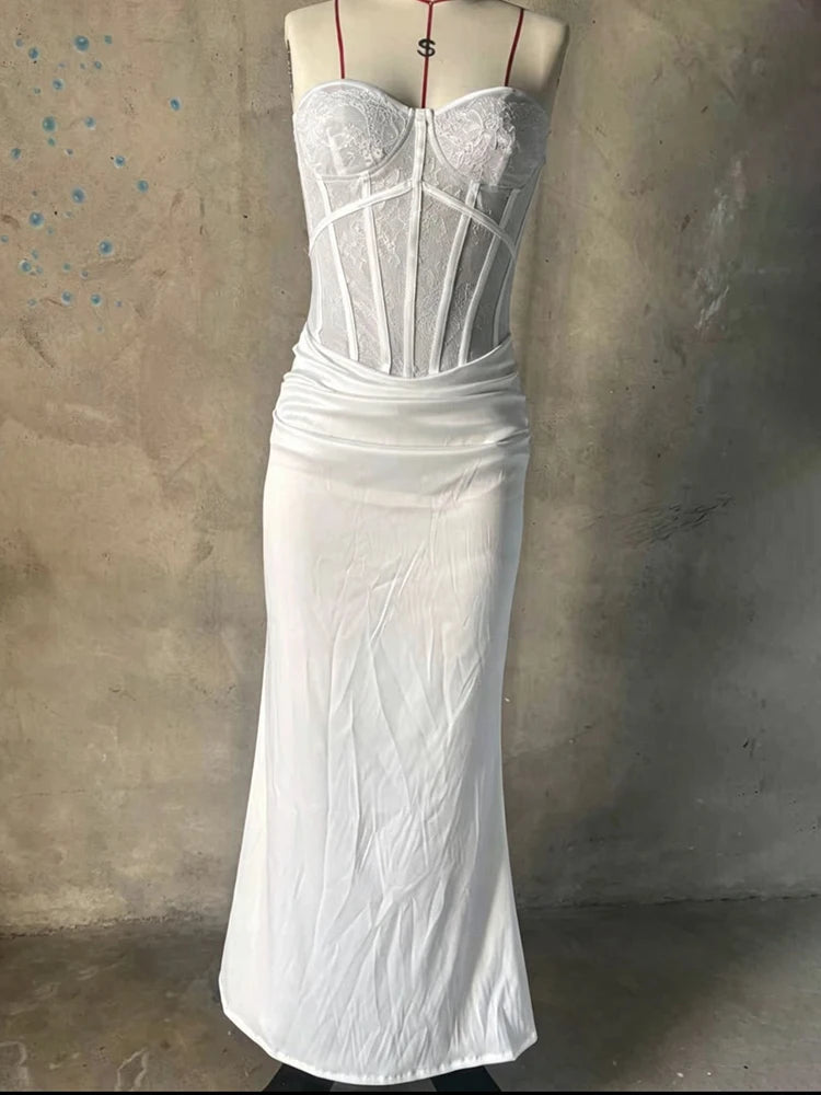 Mozision White Lace Corset Satin Sexy Maxi Dress Women Elegant Strapless Sleeveless Backless Bodycon Club Party Long Dresses
