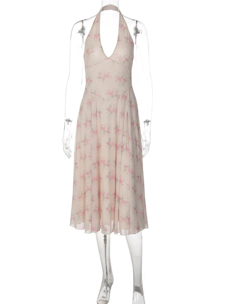 Mozision Halter Floral Print Sexy Midi Dress Women Elegant Deep V Neck Off-shoulder Sleeveless Backless Pleated Club Party Dress