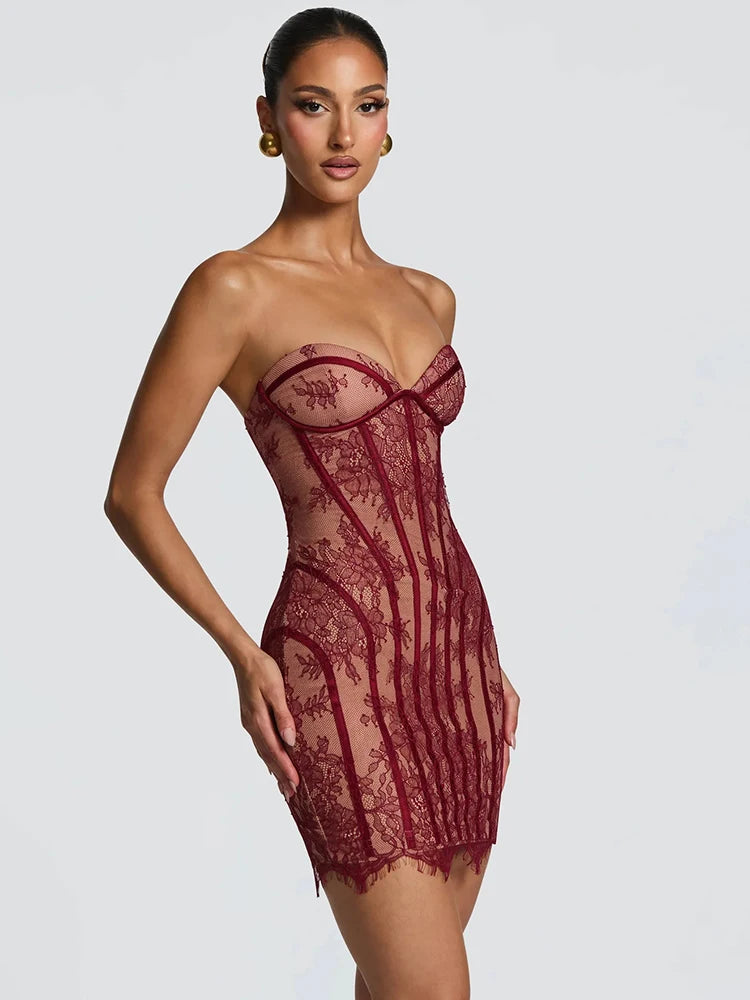 Mozision Lace Strapless Mermaid Mini Dress Women Sweetheart Neck Sheer Mesh Bodycon Short Gown Evening Party Cocktail Vestidos